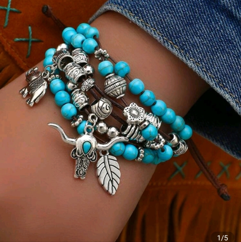 🆕️ Western Cowgirl Style Bull Head & Elephant Beaded Adjustable Pull Bracelet